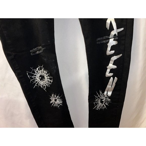 Mackeen Jeans Men 42x32 Button Fly Denim Jeans Black Bullet Hole Graphics - Picture 3 of 10
